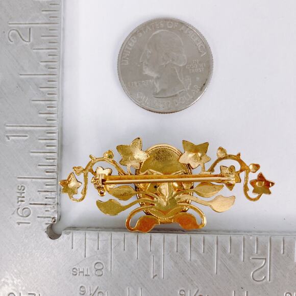 VTG 60s Gold Tone Ivy Leaf Brooch Blue Art Glass Cabochon Victorian Revival Pin - Picture 10 of 11